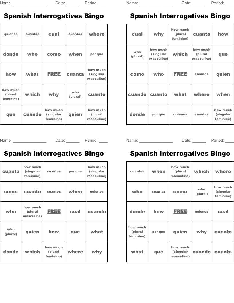 Spanish Interrogatives Bingo