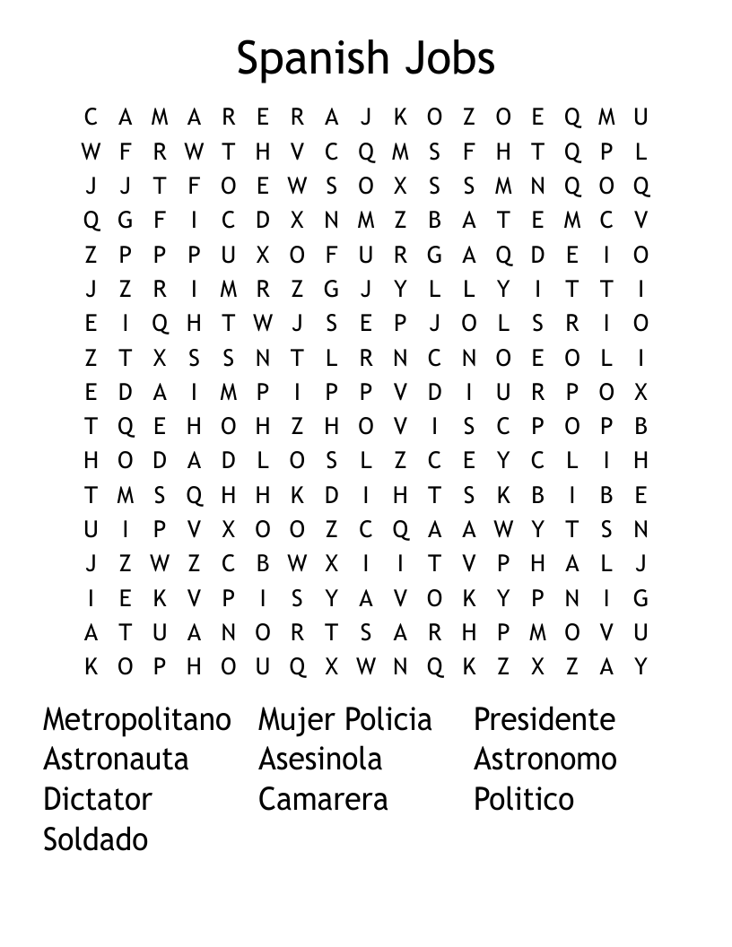 Spanish Jobs Word Search