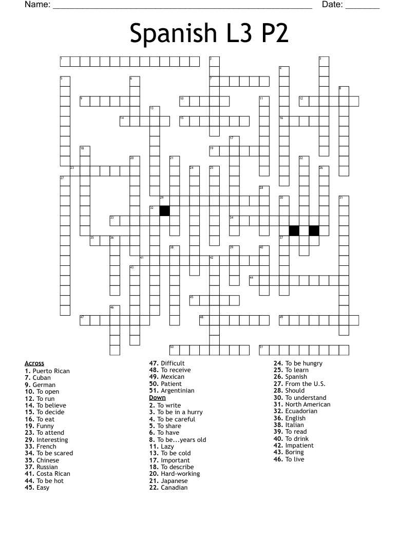 Spanish L3 P2 Crossword