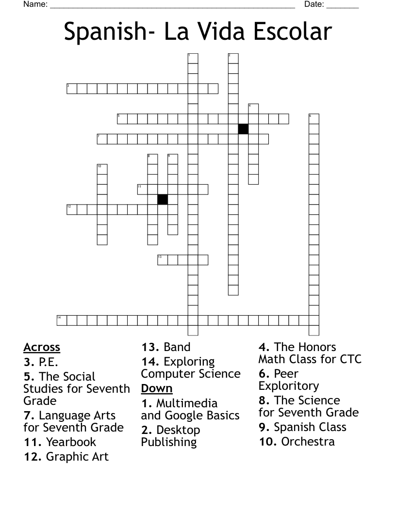 Spanish- La Vida Escolar Crossword