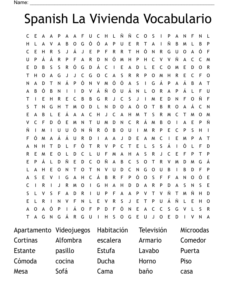 Spanish La Vivienda Vocabulario Word Search