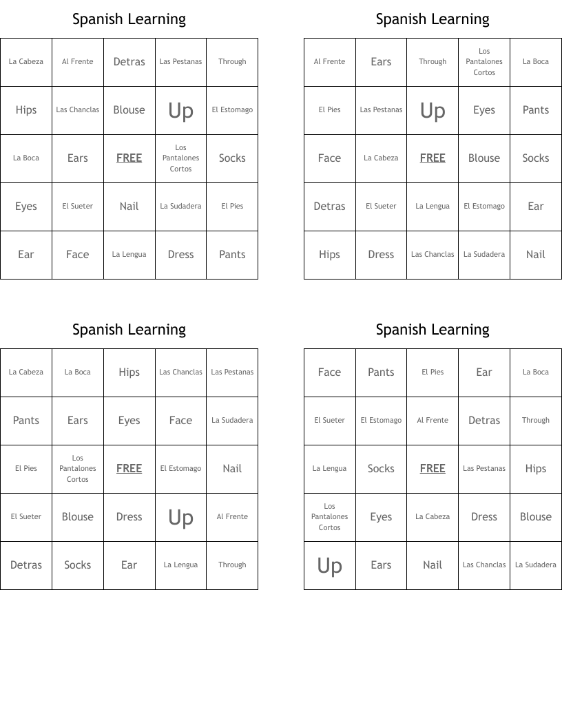 Spanish Learning Bingo Cards