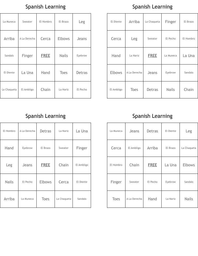Spanish Learning Bingo Cards