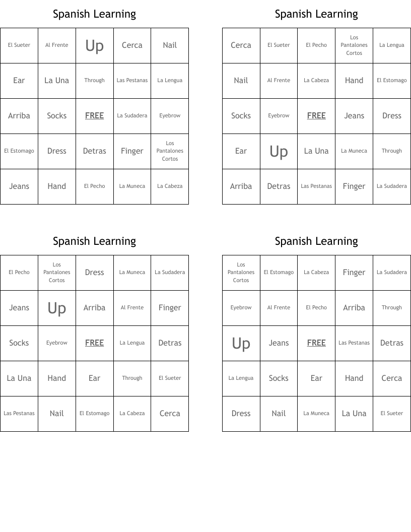 Spanish Learning Bingo Cards