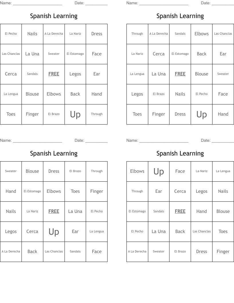 Spanish Learning Bingo Cards