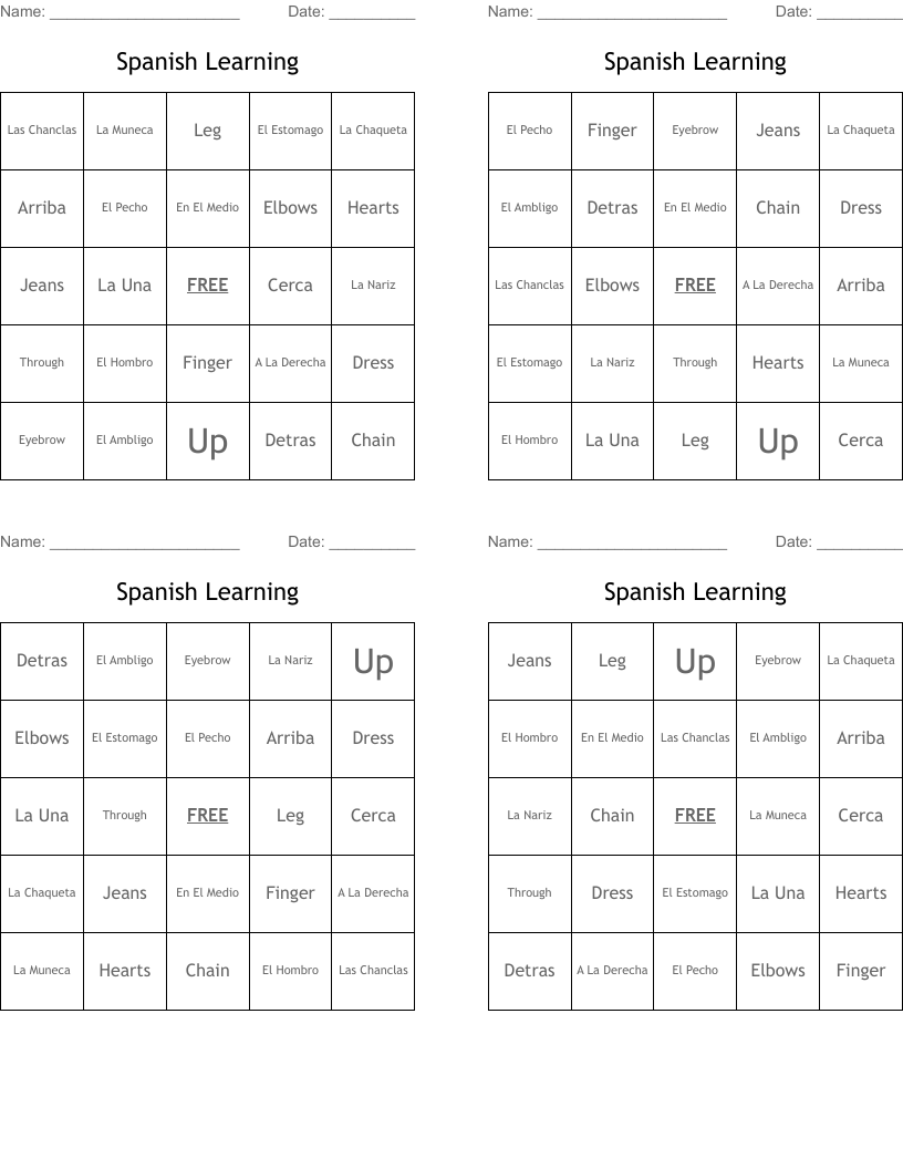 Spanish Learning Bingo Cards