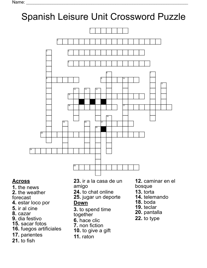 Spanish Leisure Unit Crossword Puzzle