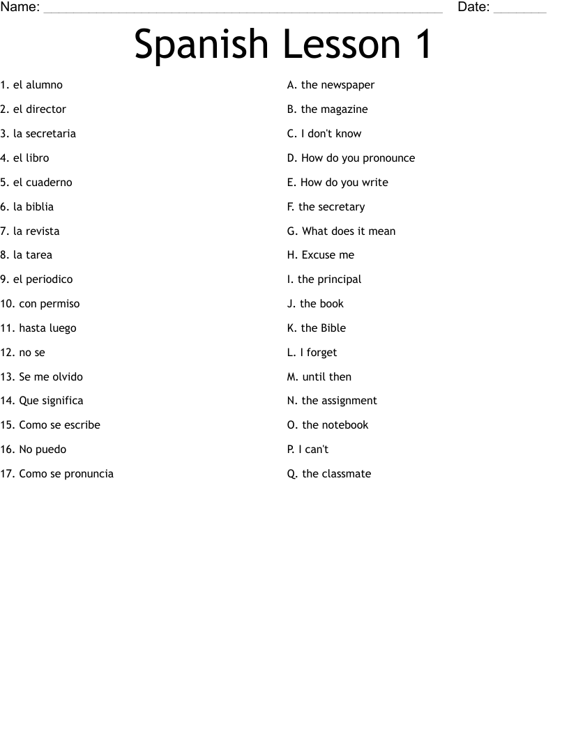 Spanish Lesson 1 Worksheet