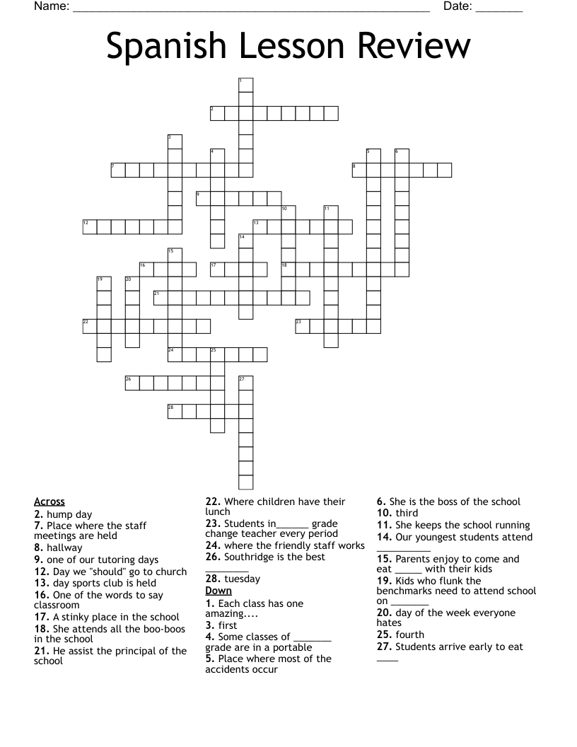 Spanish Lesson Review Crossword