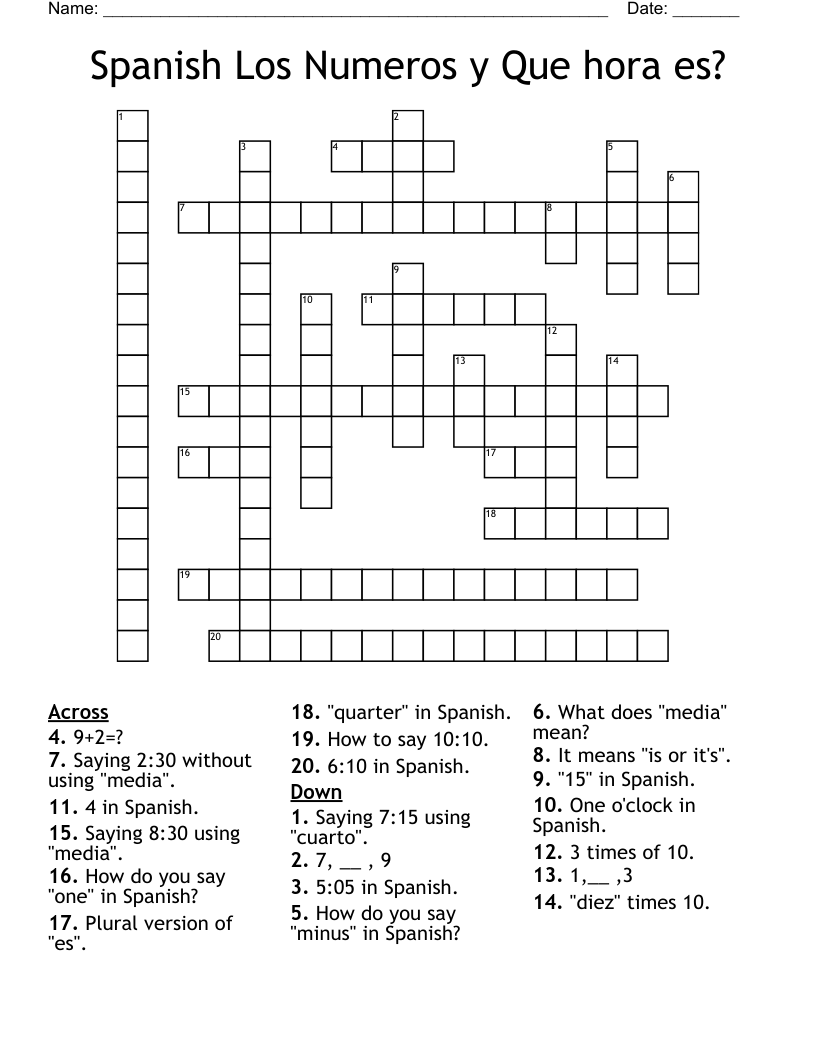 Spanish Los Numeros y Que hora es?  Crossword