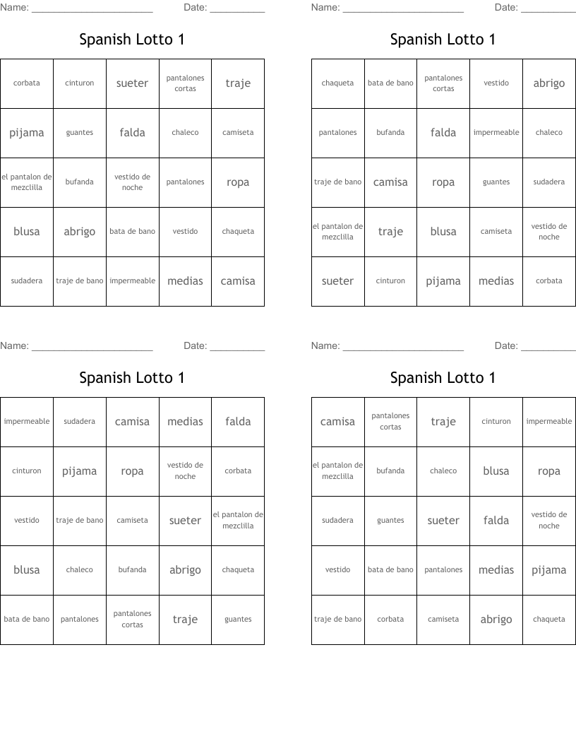 Spanish Lotto 1 Bingo Cards