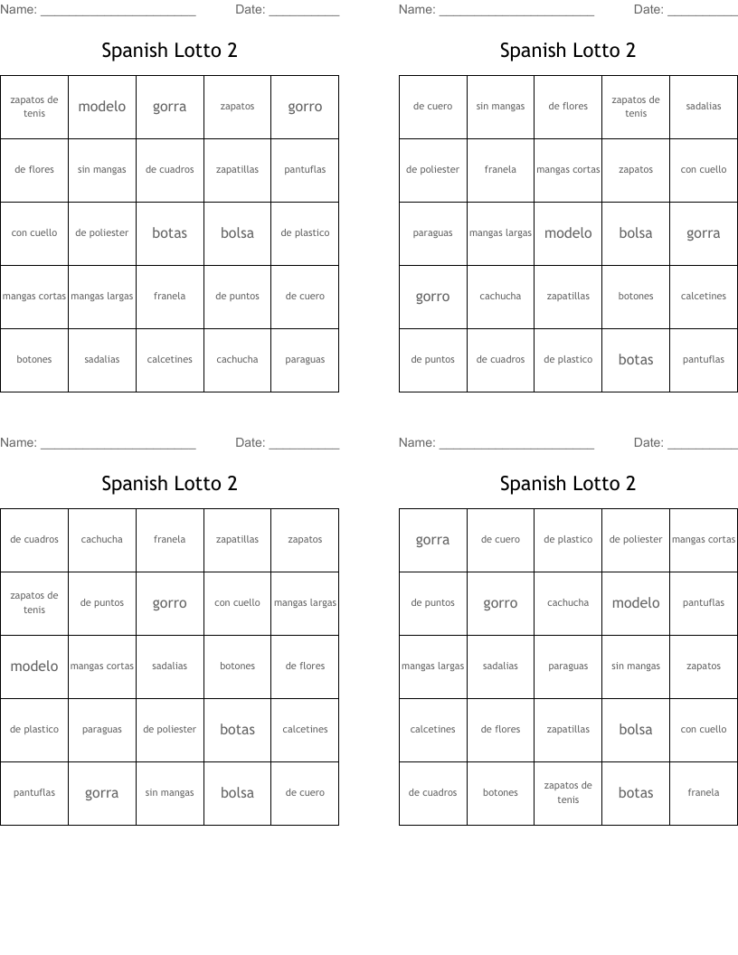 Spanish Lotto 2 Bingo Cards