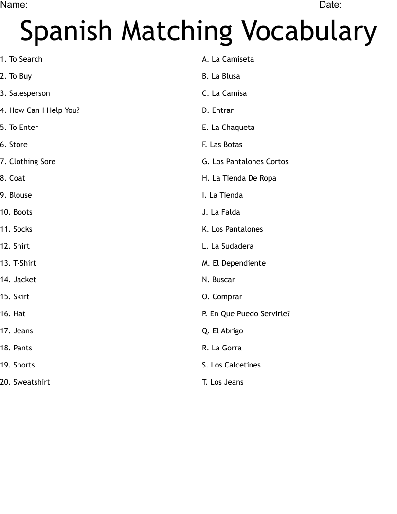 Spanish Matching Vocabulary Worksheet