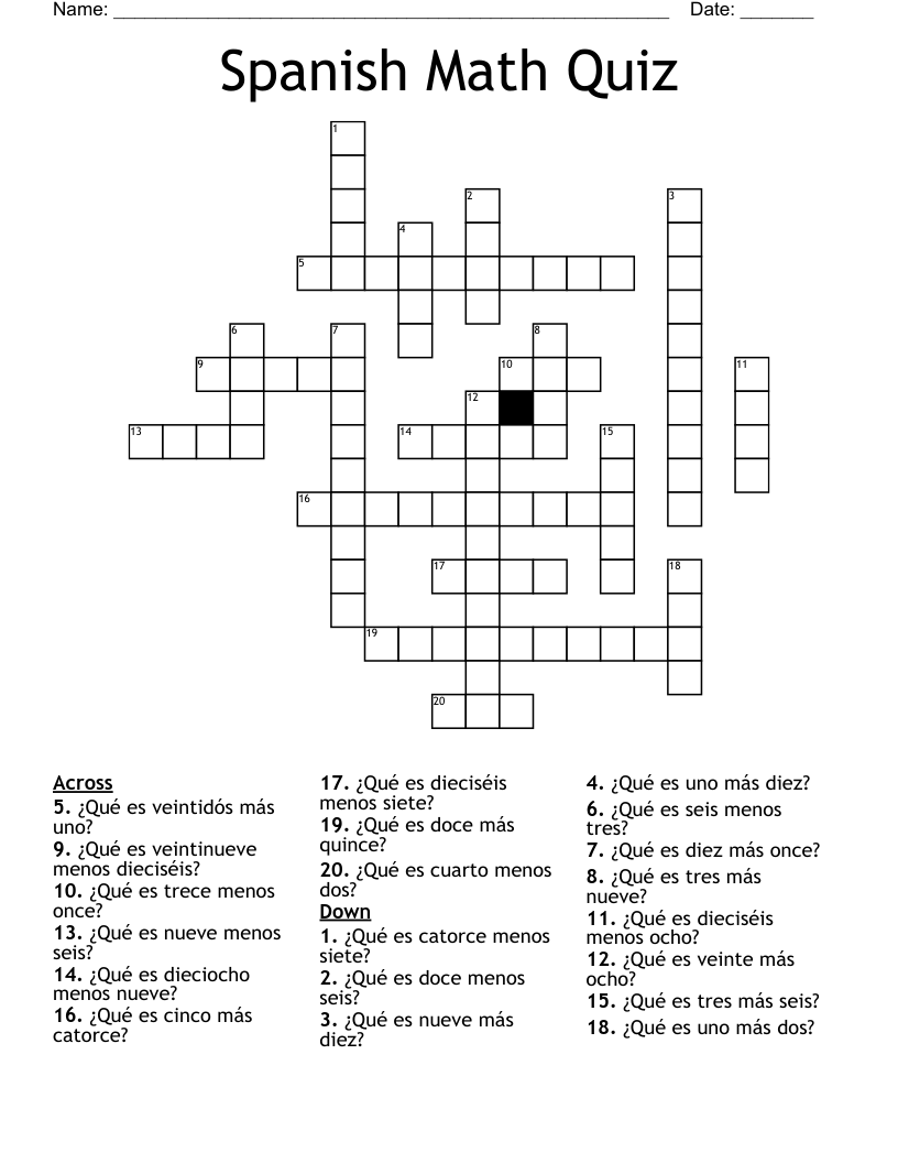 Spanish Math Quiz  Crossword