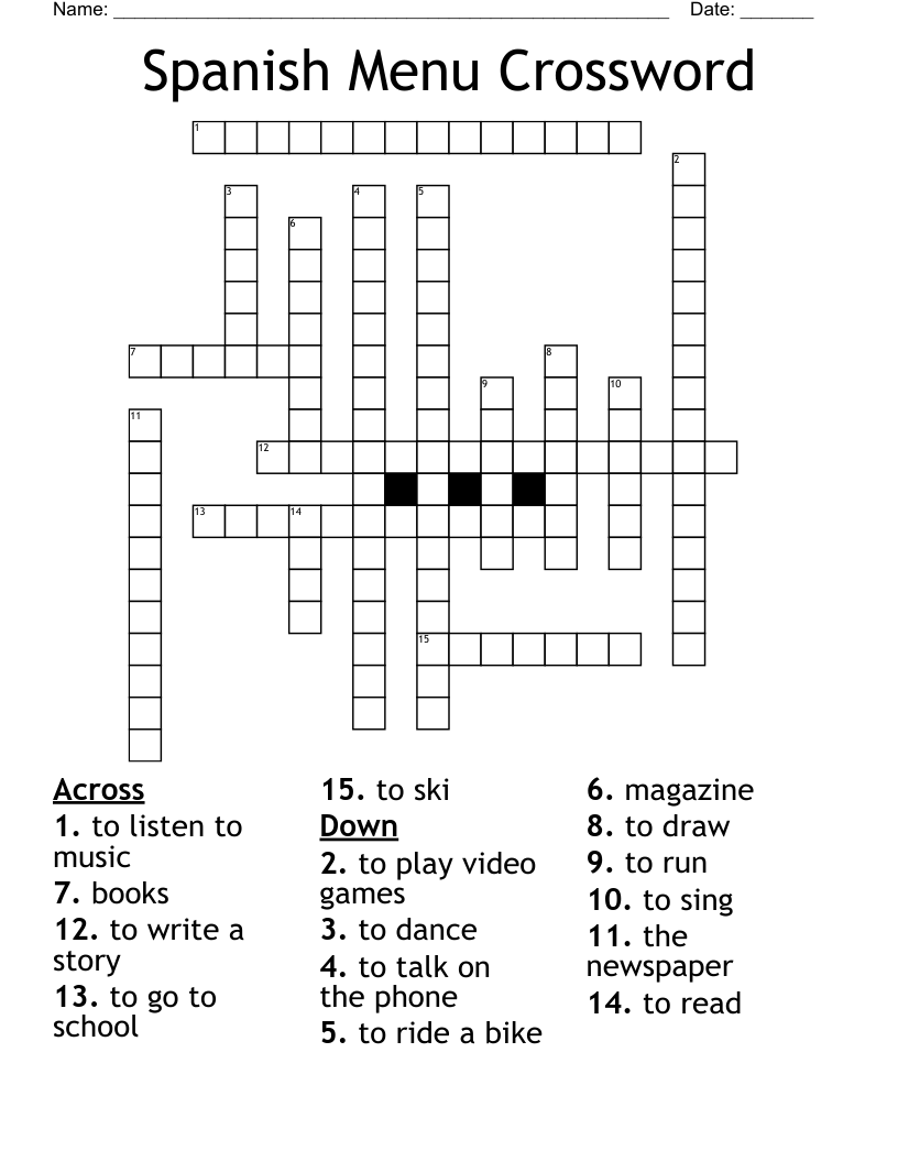 Spanish Menu Crossword