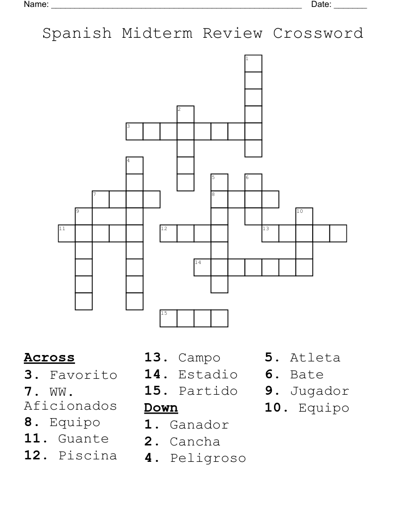 Spanish Midterm Review Crossword