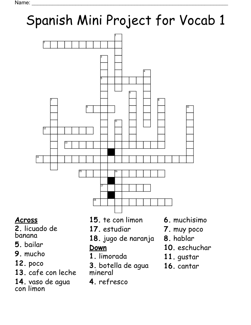 Spanish Mini Project for Vocab 1 Crossword