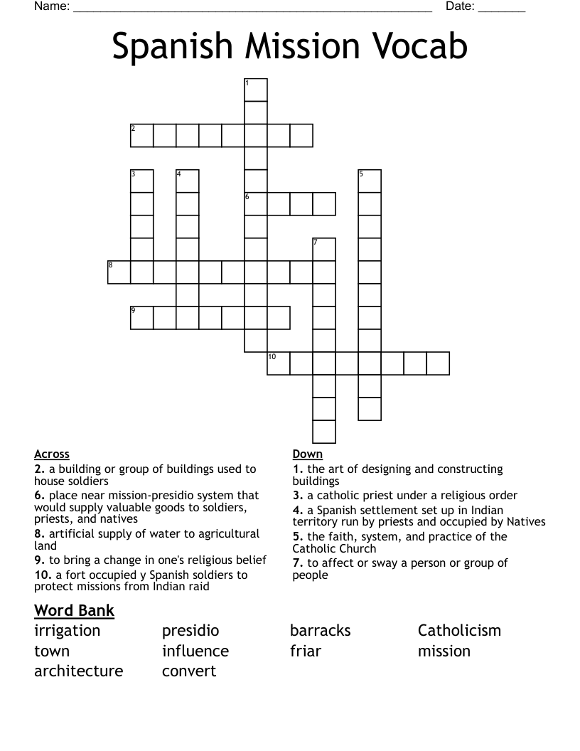 Spanish Mission Vocab   Crossword