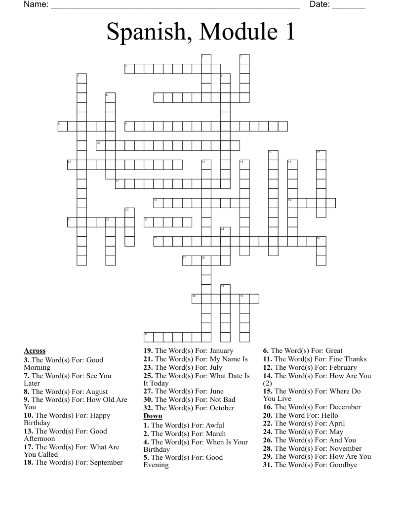 Spanish, Module 1 Crossword