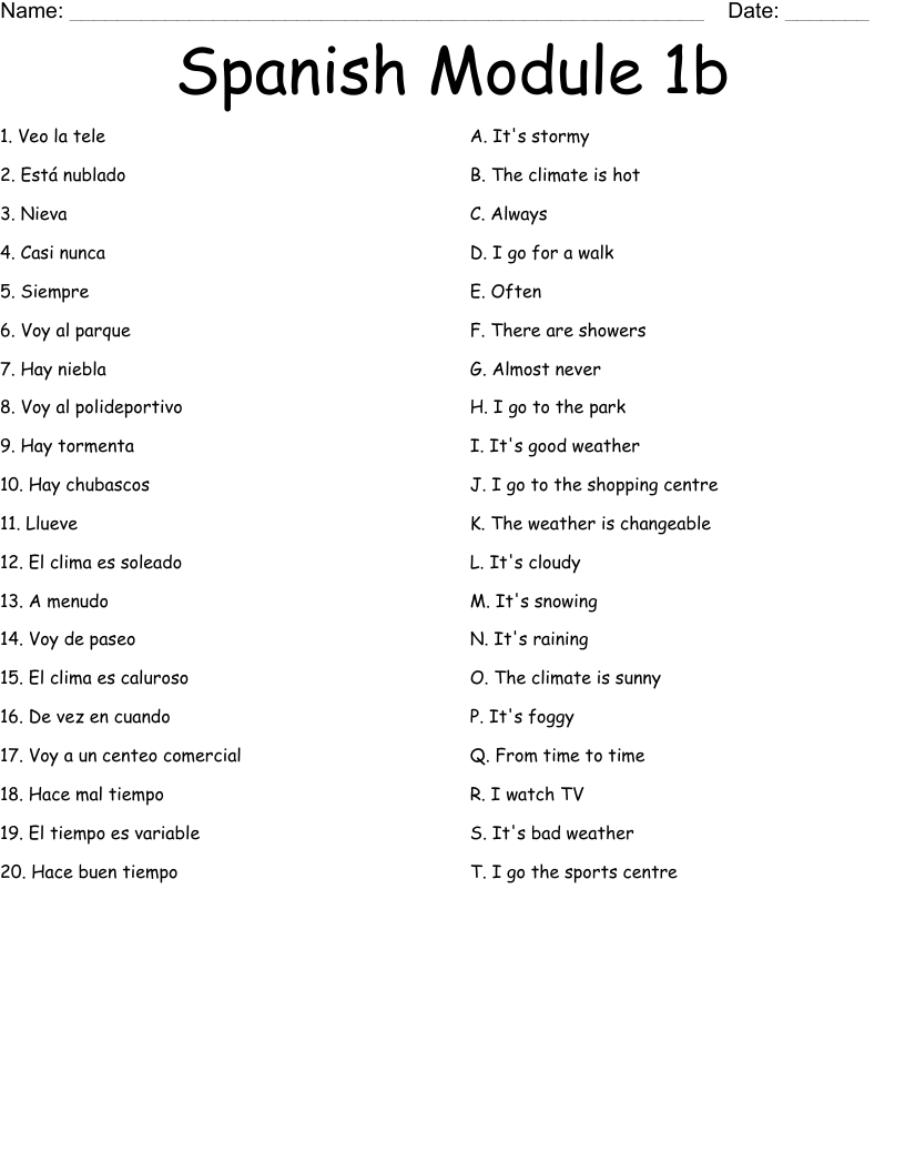 Spanish Module 1b Worksheet