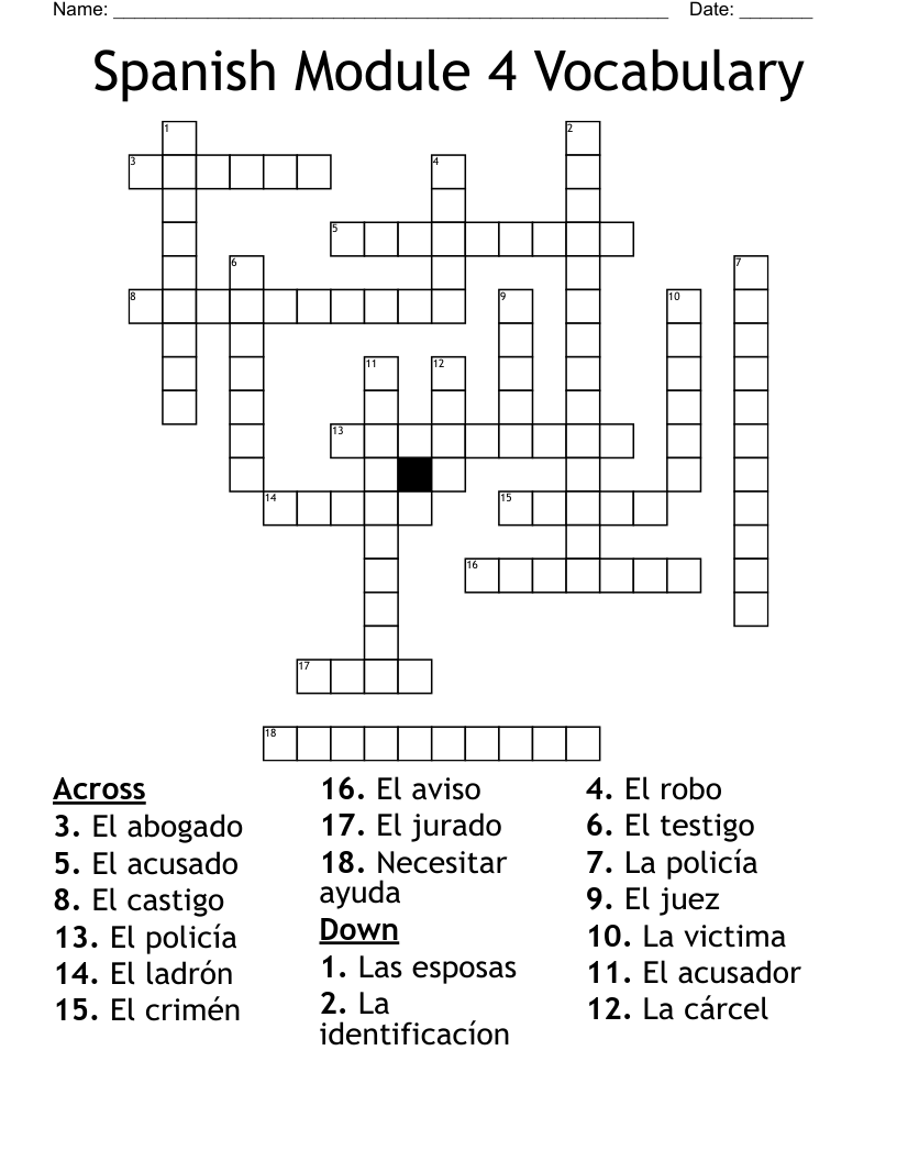 Spanish Module 4 Vocabulary Crossword