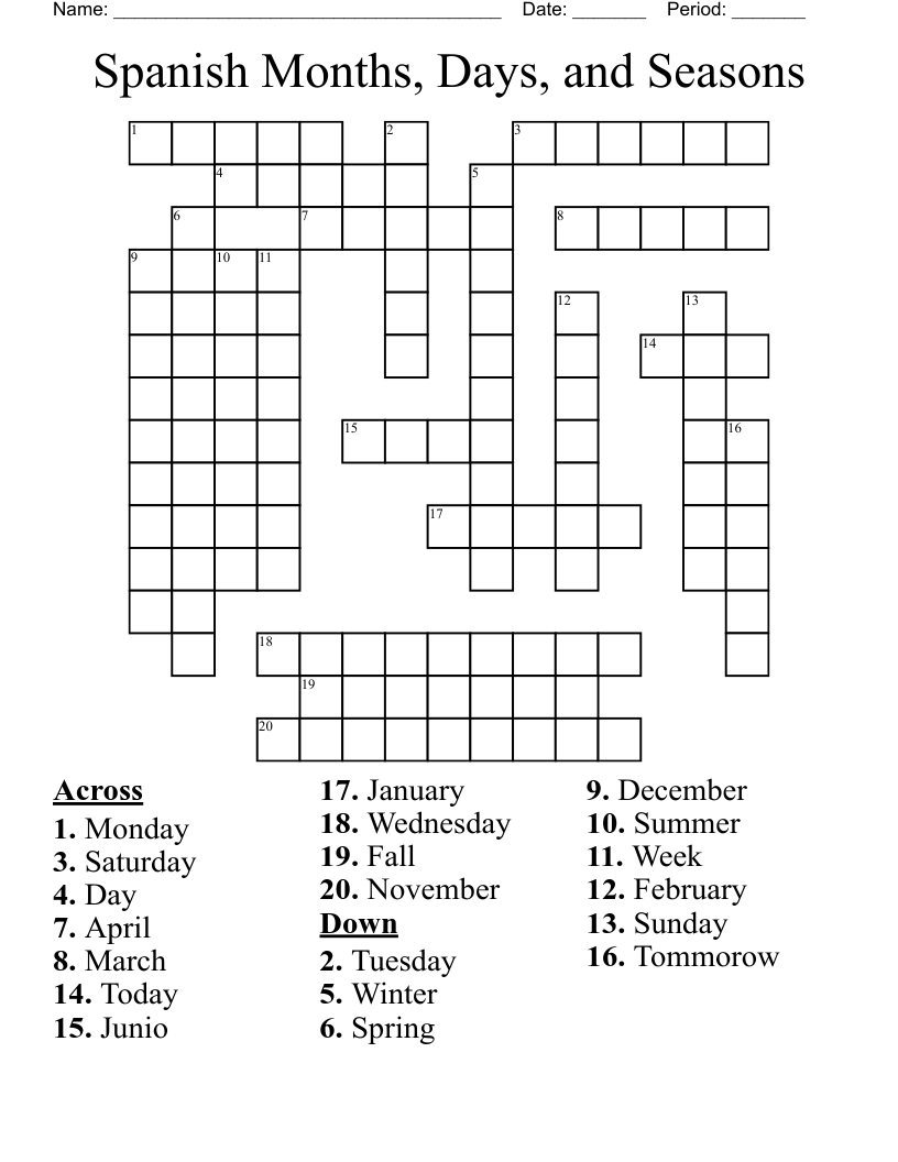 Spanish Months, Days, and Seasons Crossword