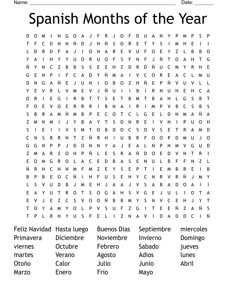 Spanish Months of the Year Word Search