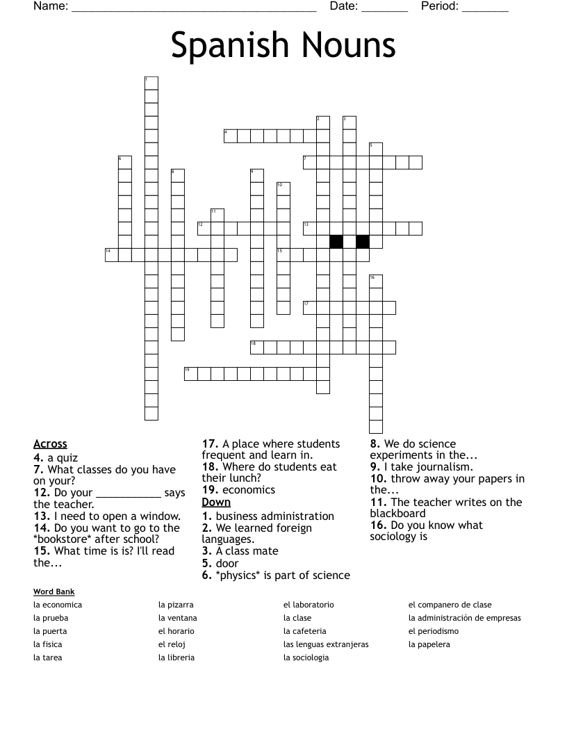 Spanish Nouns Crossword