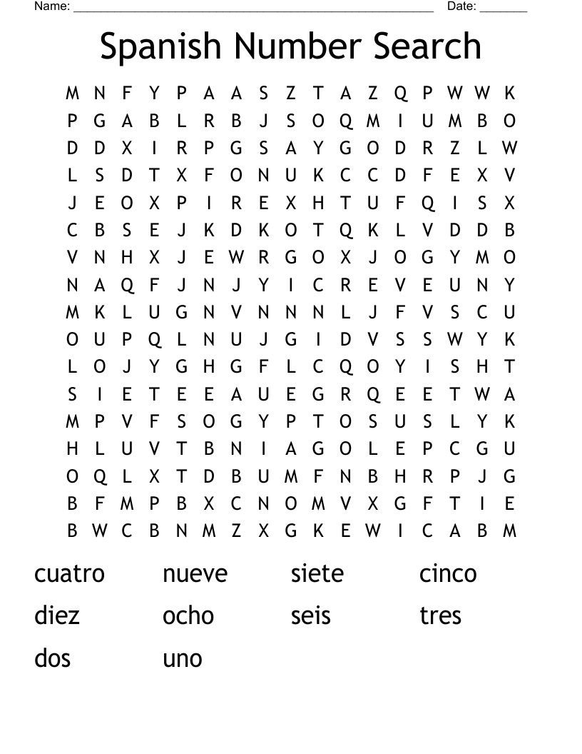 Spanish Number Search Word Search