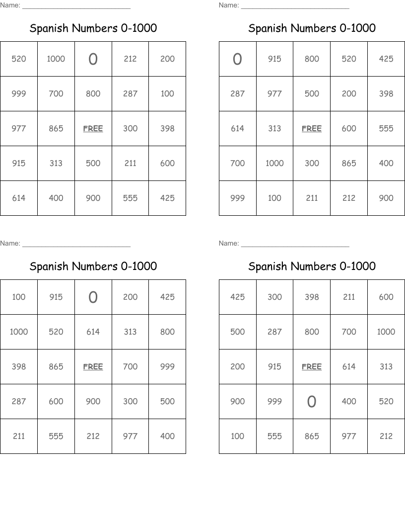 Spanish Numbers 0-1000 Bingo Cards