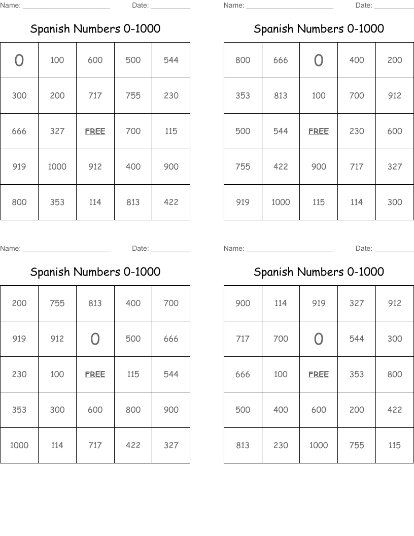 Spanish Numbers 0-1000 Bingo Cards
