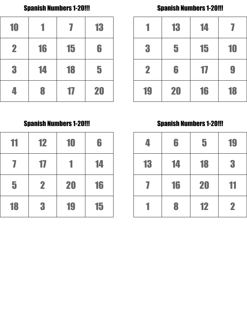 Spanish Numbers 1-20!!! Bingo Cards