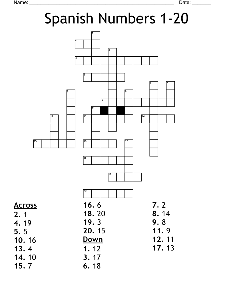 Spanish Numbers 1-20 Crossword