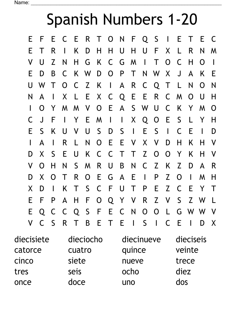 Spanish Numbers 1-20 Word Search