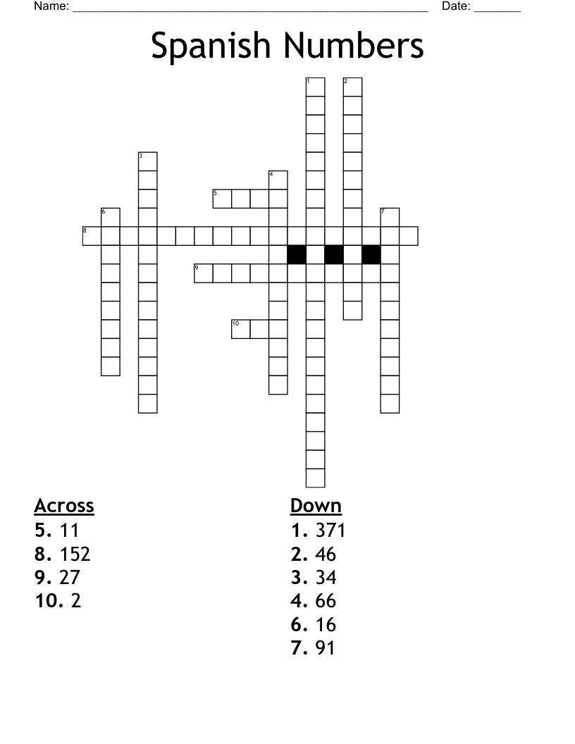 Spanish Numbers Crossword