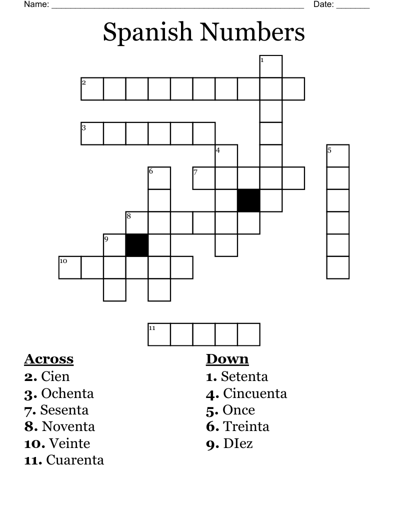Spanish Numbers Crossword