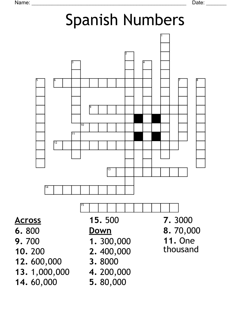 Spanish Numbers Crossword