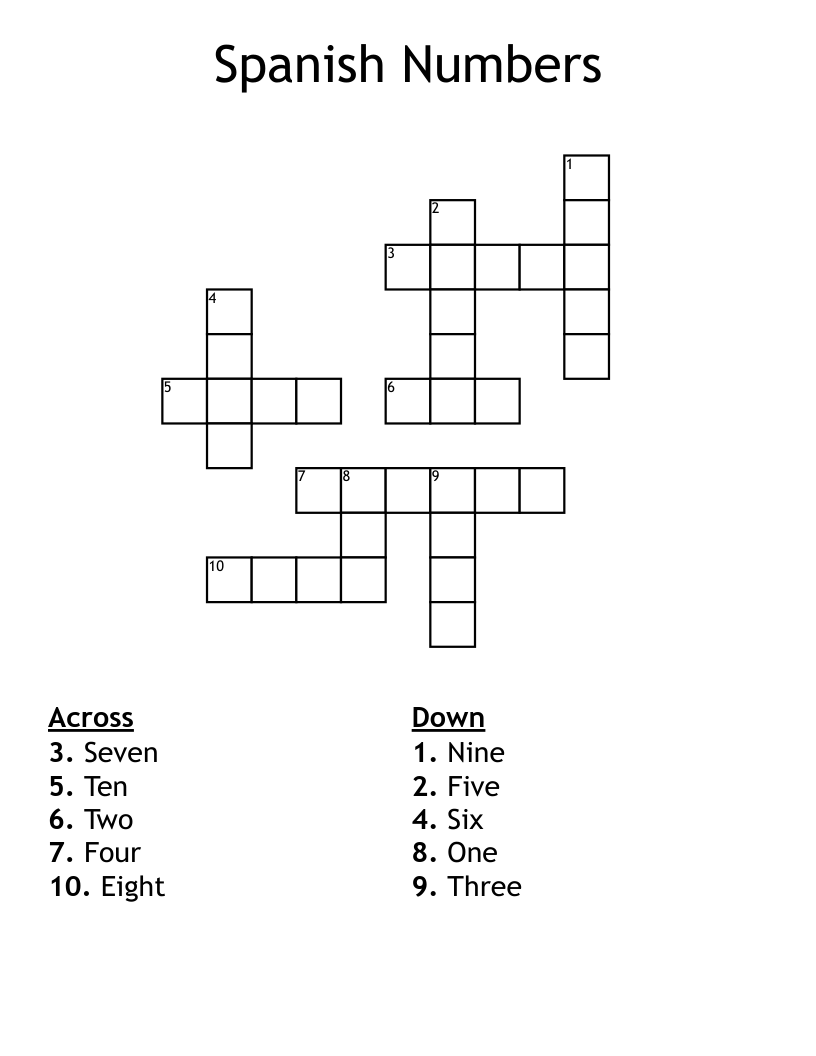 Spanish Numbers Crossword