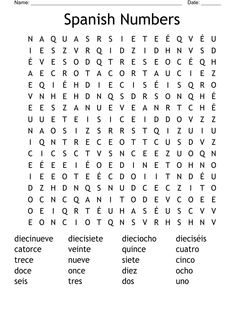 Spanish Numbers Word Search