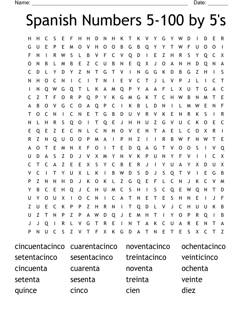 Spanish Numbers 5-100 by 5's Word Search