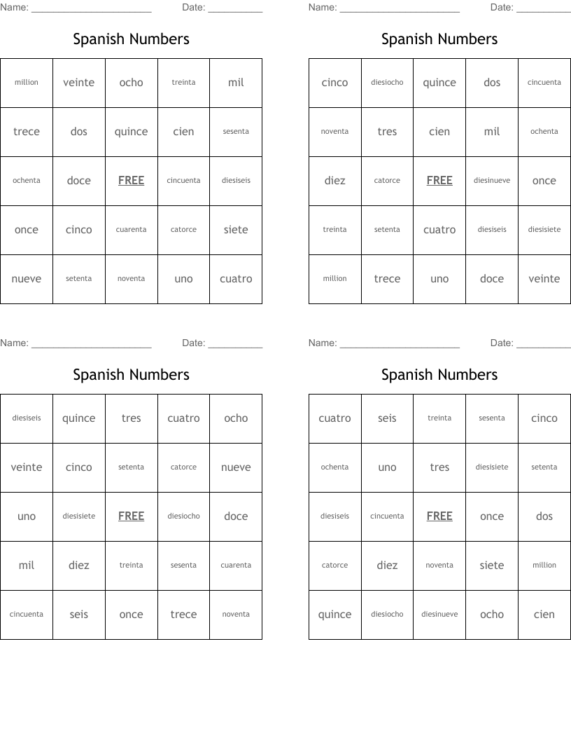 Spanish Numbers Bingo Cards
