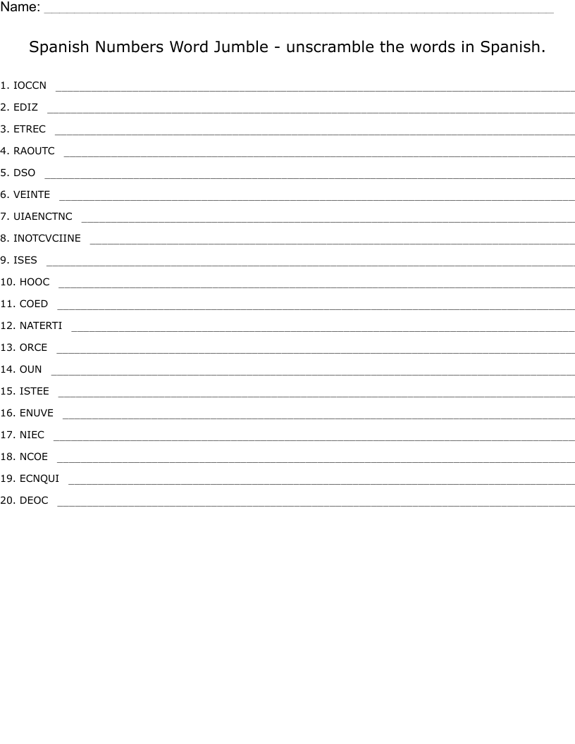 Spanish Numbers Word Jumble - unscramble the words in Spanish.