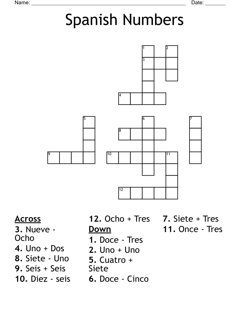 Spanish Numbers  Crossword