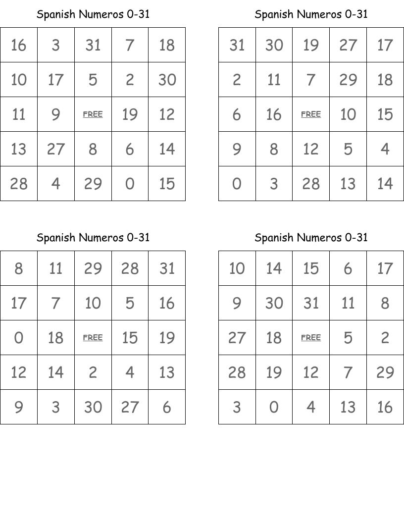 Spanish Numeros 0-31 Bingo Cards