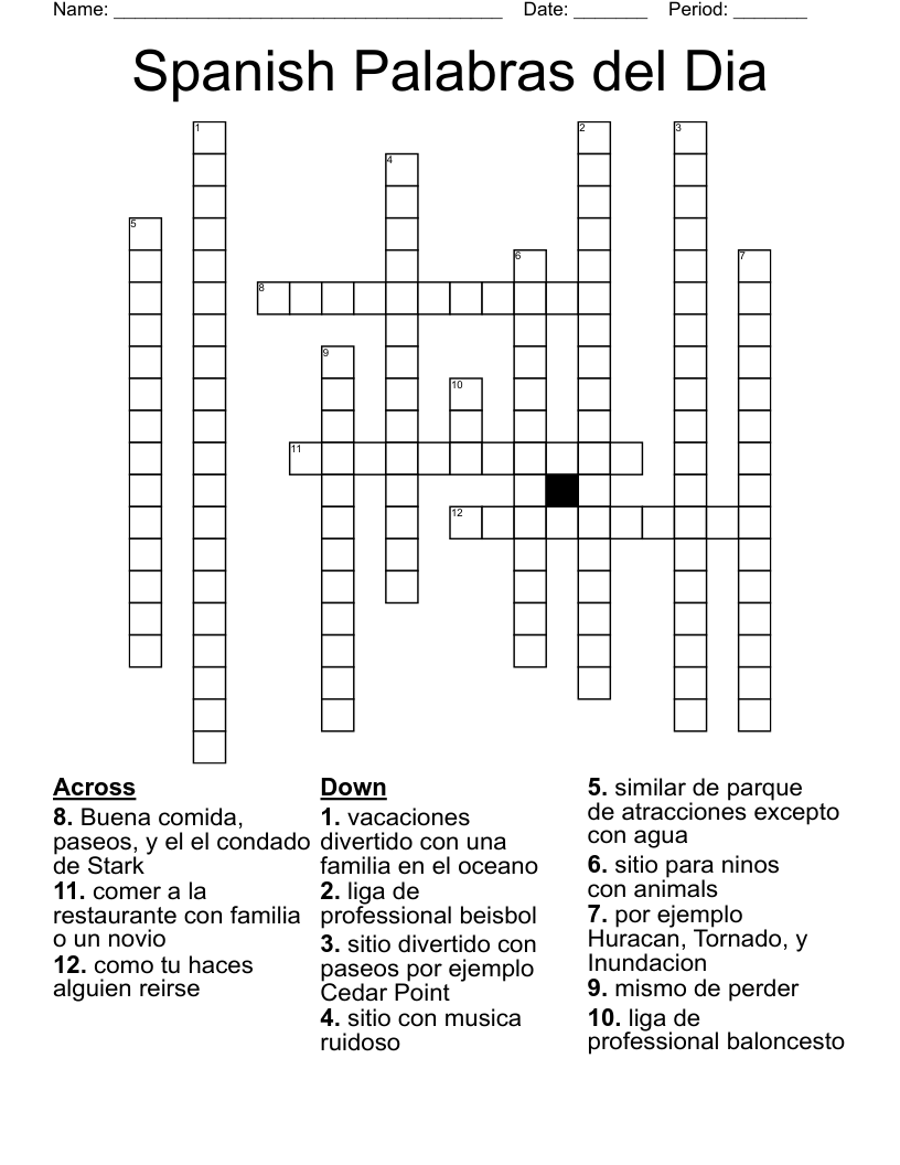 Spanish Palabras del Dia Crossword