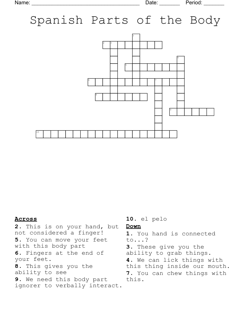 Spanish Parts of the Body  Crossword