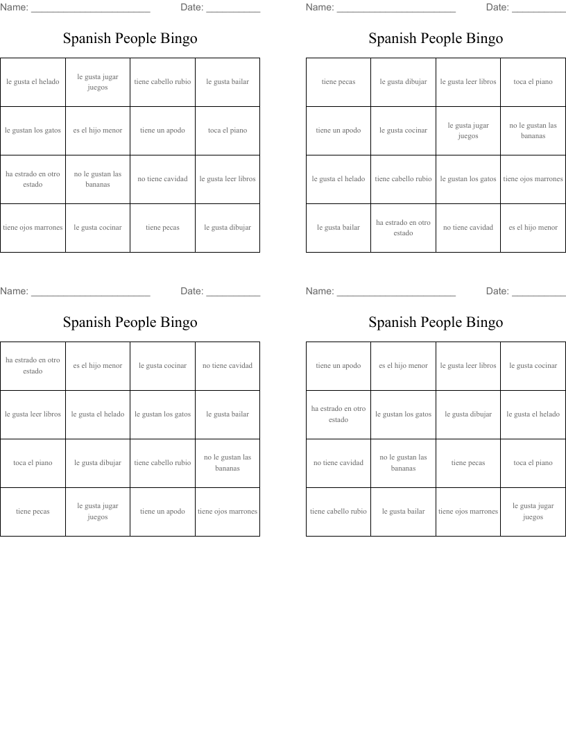 Spanish People Bingo
