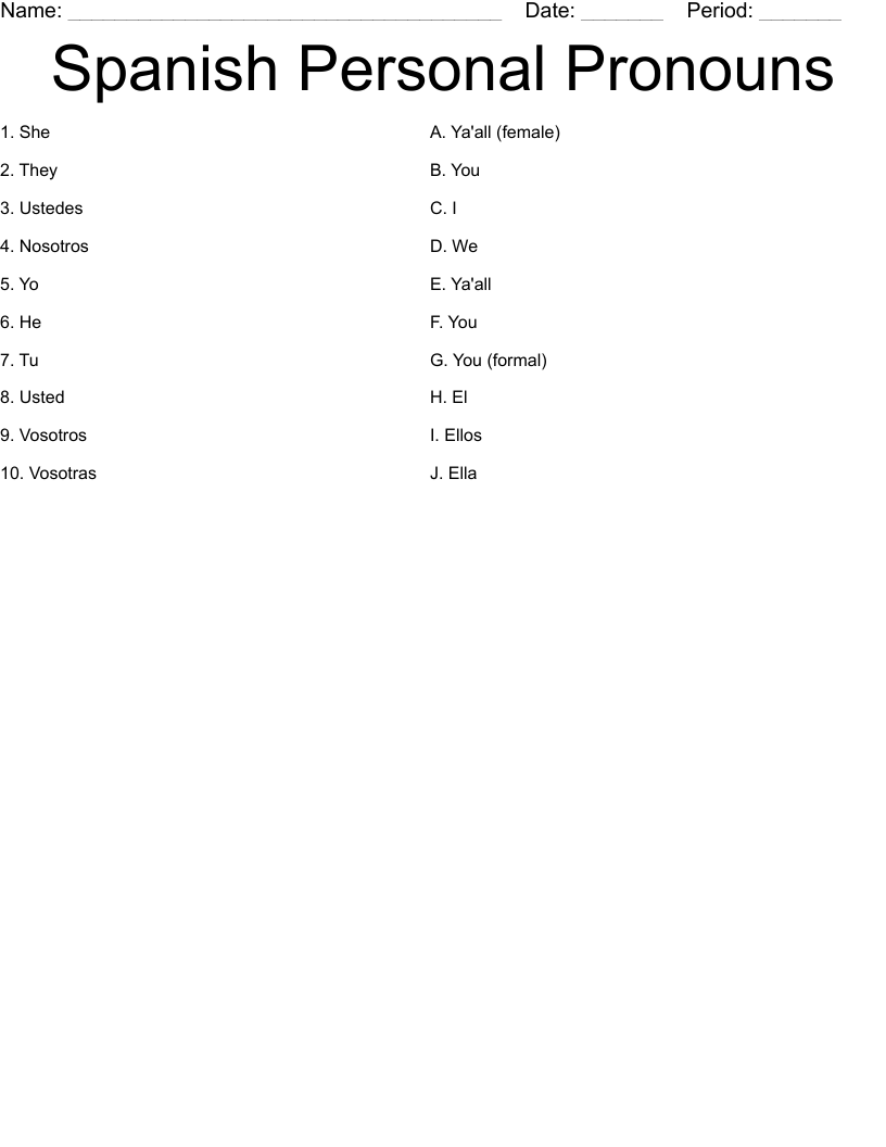 Spanish Personal Pronouns Worksheet