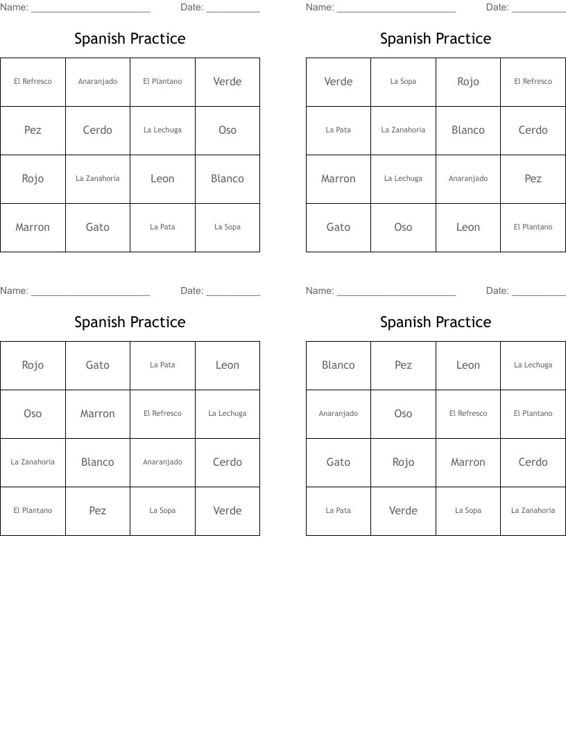 Spanish Practice Bingo Cards