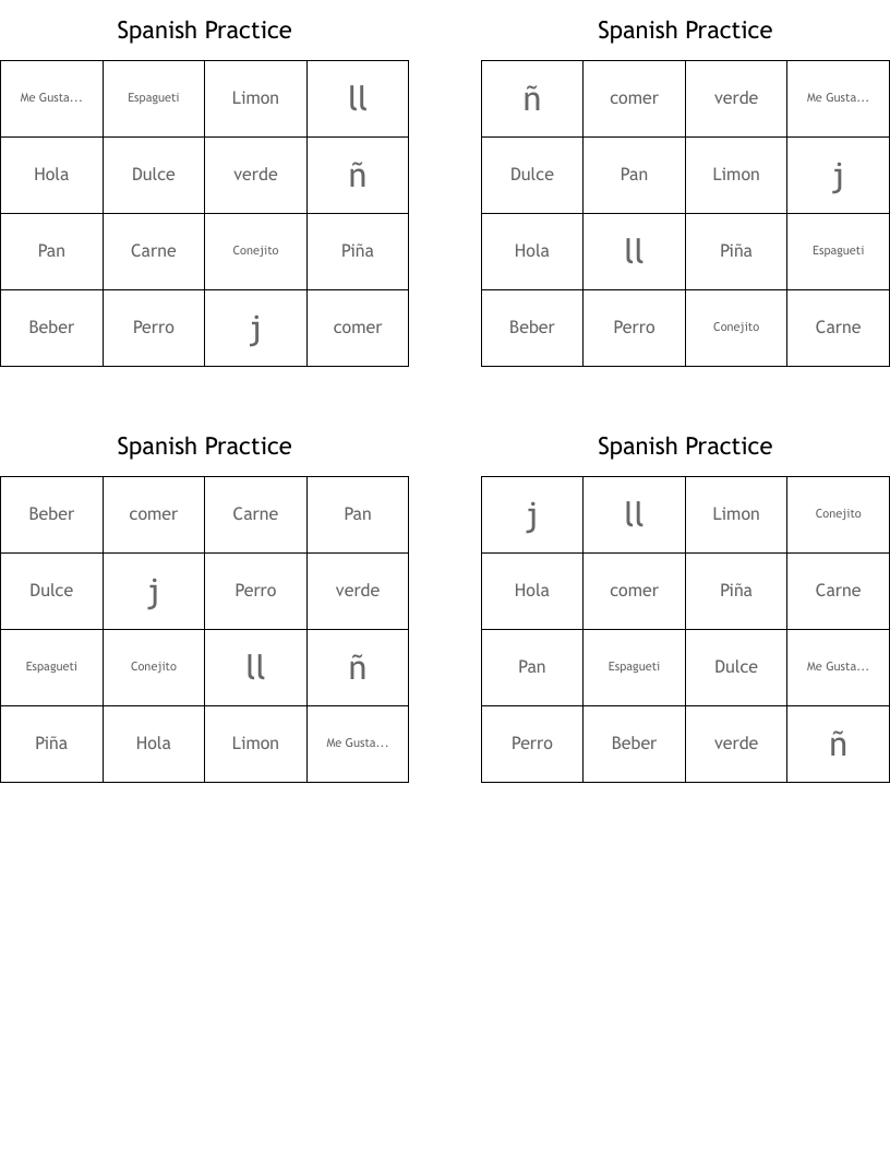 Spanish Practice Bingo Cards